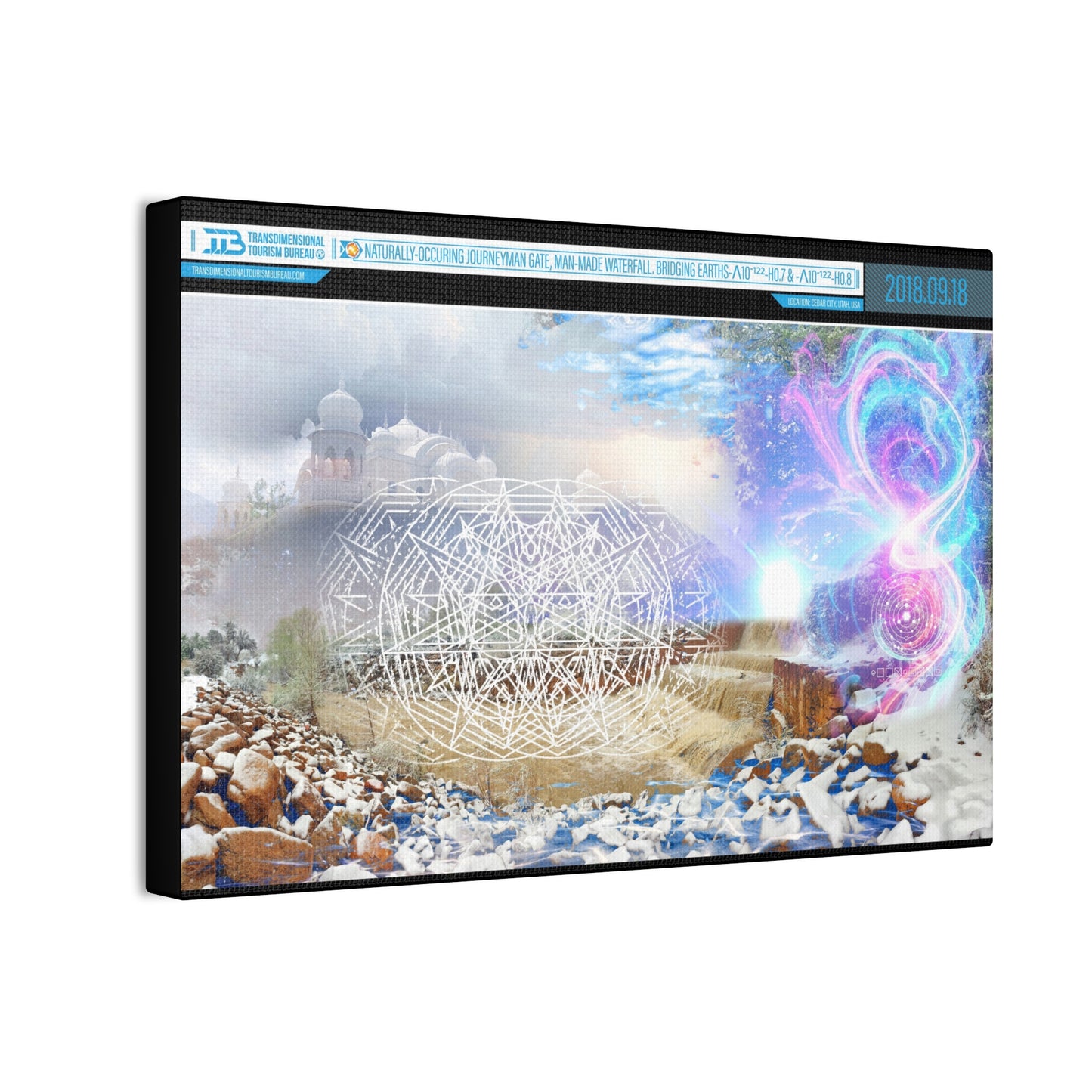 TTB Canvas 04A - NATURALLY-OCCURING JOURNEYMAN GATE, MAN-MADE WATERFALL. BRIDGING EARTHS-Λ10-¹²²-H0.7 & -Λ10-¹²²-H0.8